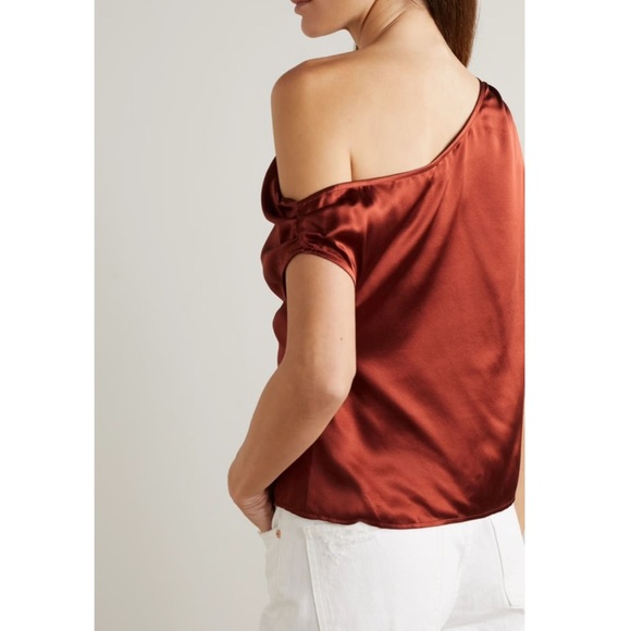 Reformation Annika Off-The-Shoulder Draped Silk-Charmeuse Top in Oxide - Picture 13 of 16